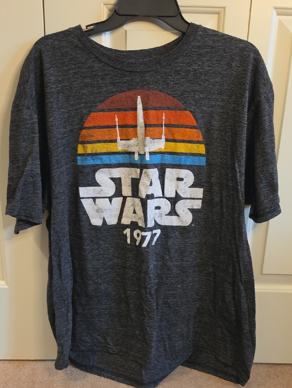 MAD Engine Star Wars 1977 Graphic Tee in Dark Heather Gray with Retro Stripes